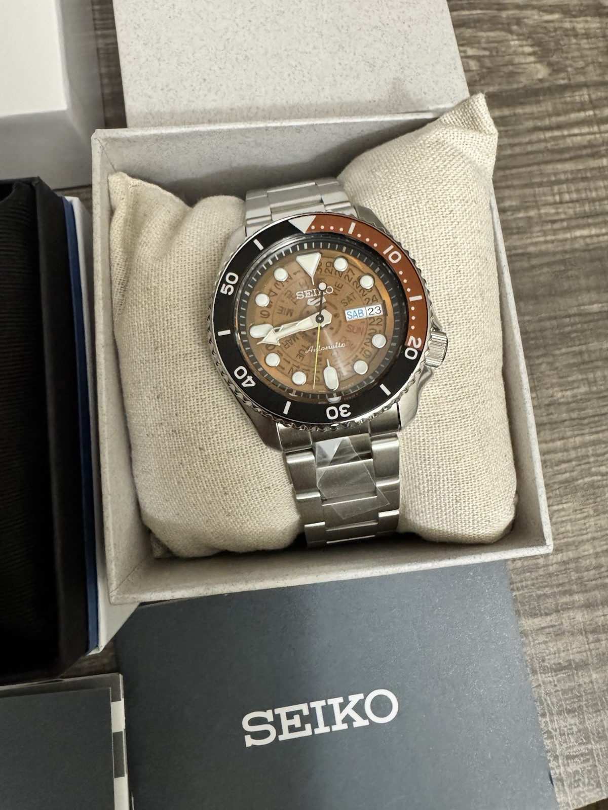 Seiko 5 Sports Automatic Diver Watch Brown Dial Steel Bracelet 100m Day/Date