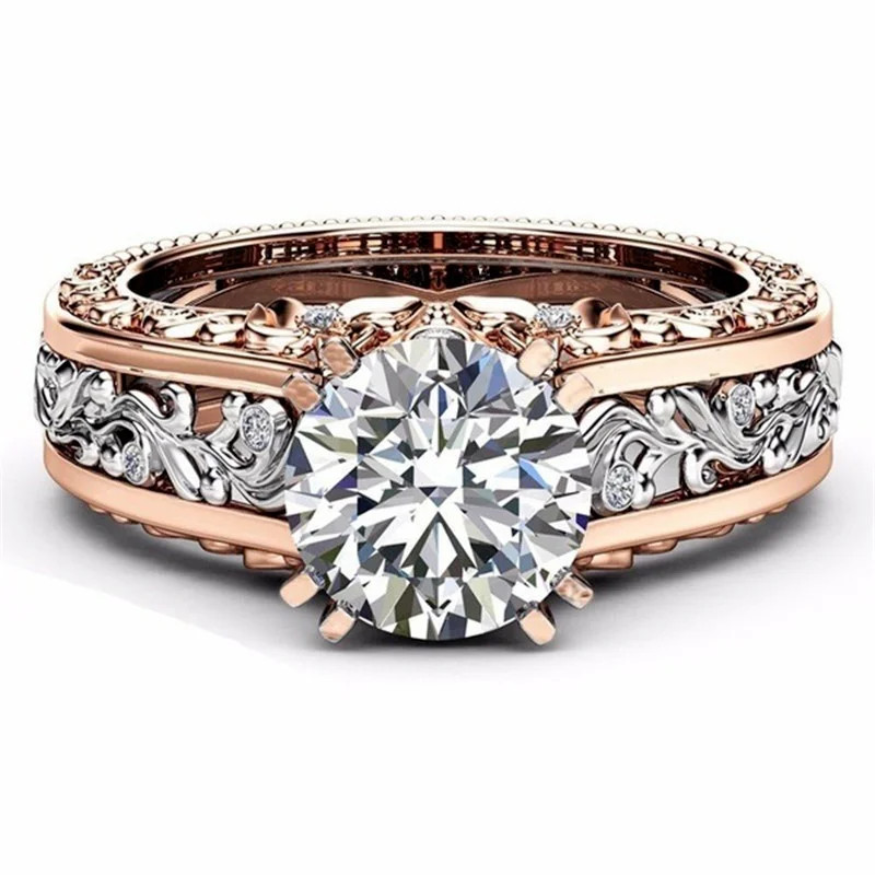 Rose Gold Tone Ring Zircon Stones Hollow Carved Band Engagement Women Jewelry