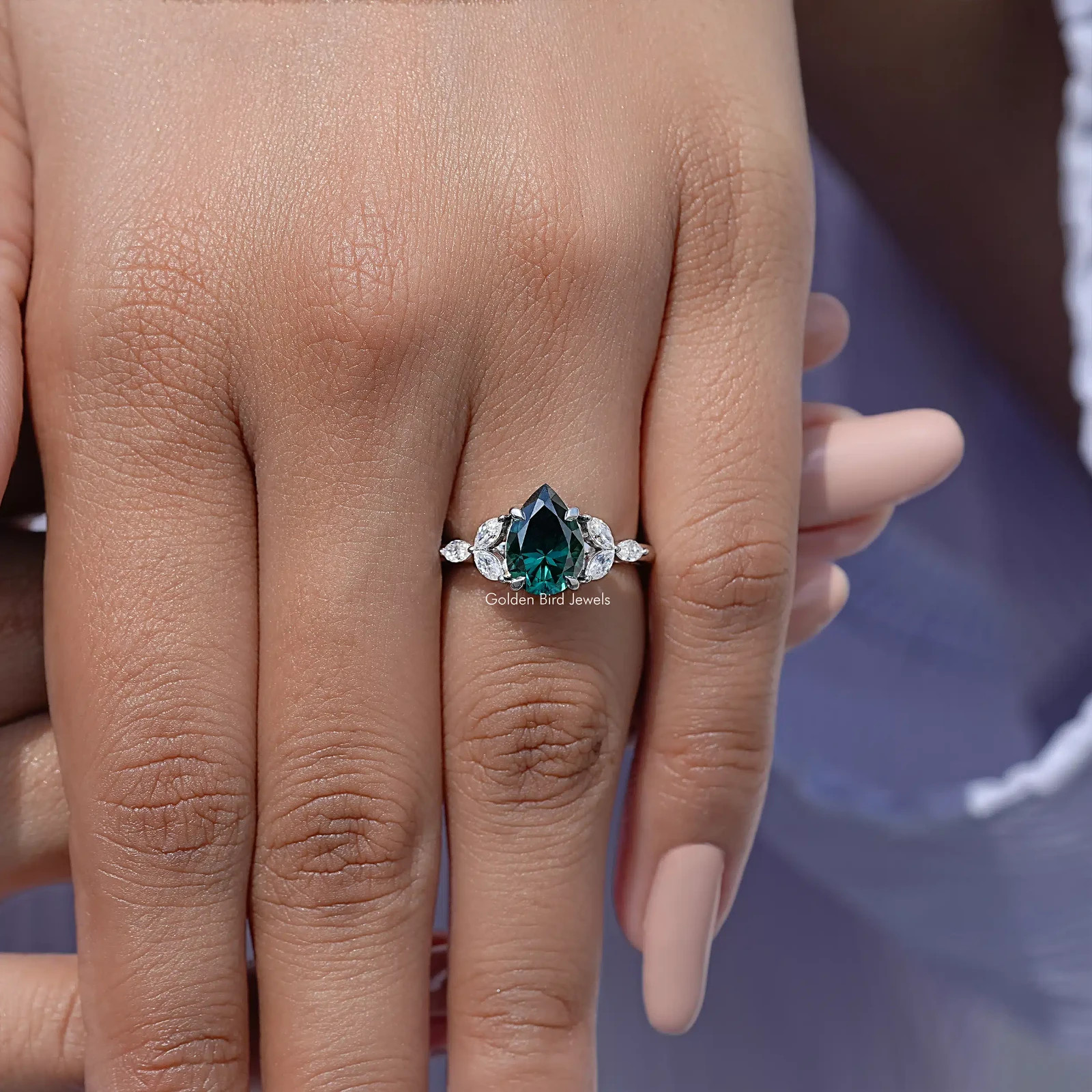 Green Pear Diamond Leaf Accent Engagement Ring