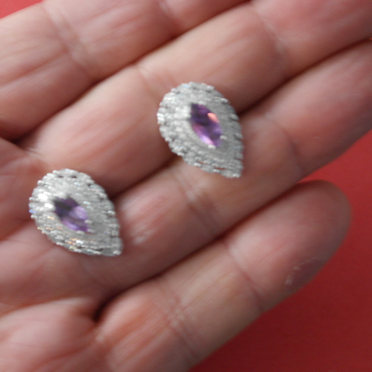 IMPRESSIVE! NATURAL! 4 X 10 mm. PURPLE AMETHYST & WHITE CZ..925 SILVER EARRINGS
