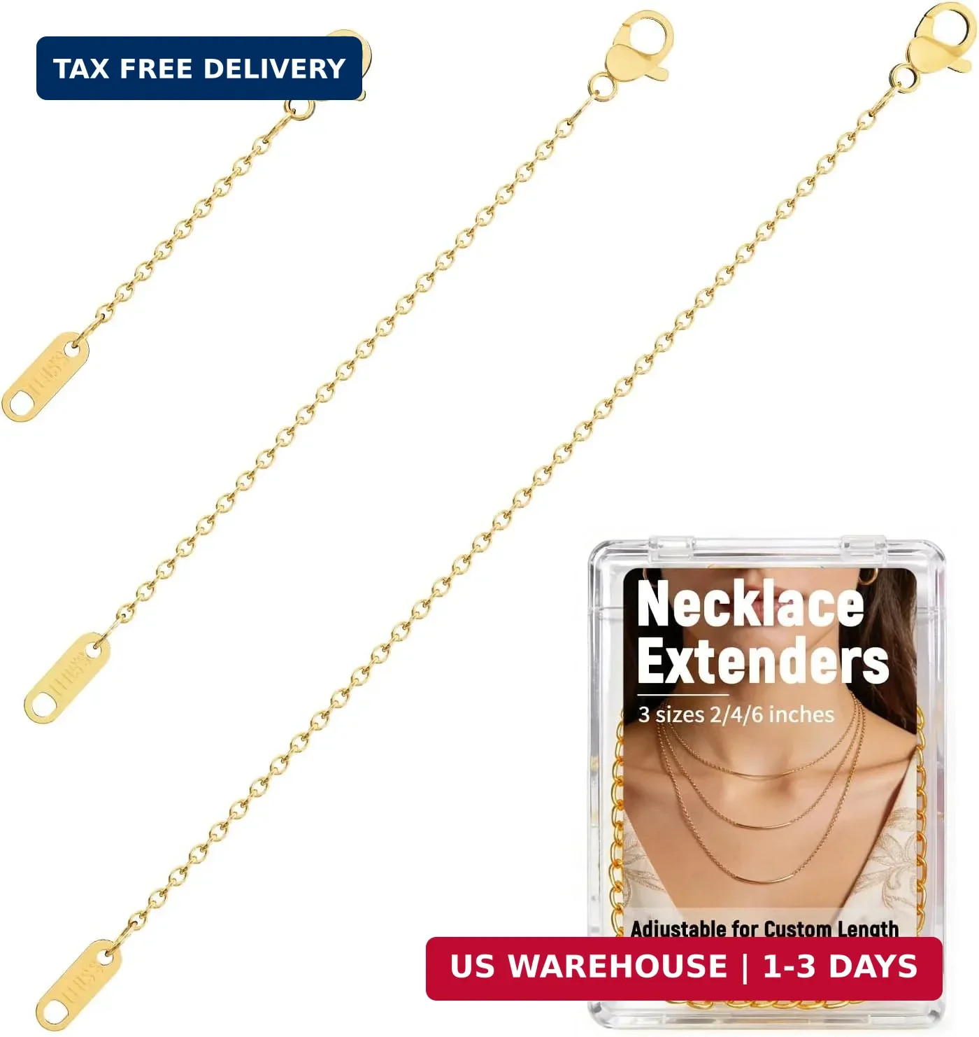 3 Pcs Necklace Extenders for Women, 2″ 4″ 6″ 18k Gold Plated Chain Extenders for