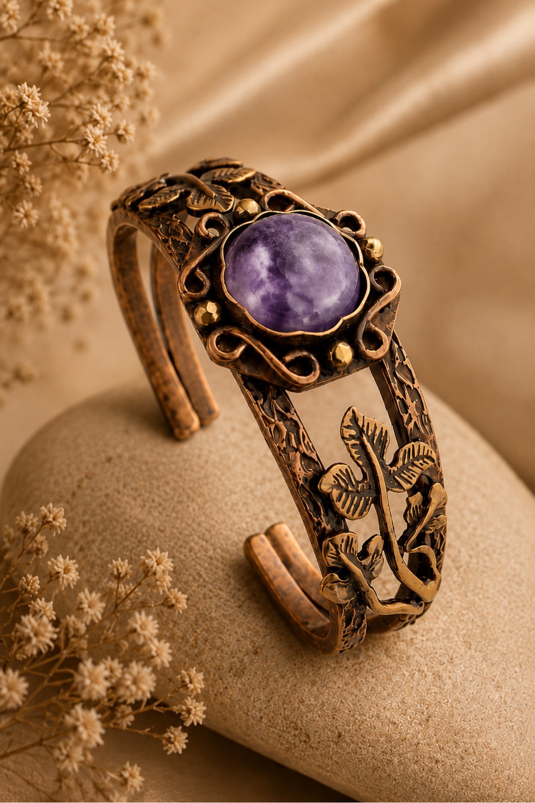 Women’s Amethyst Stone Copper Bracelet Leaf Fig�rl� Authentic Design Adjustable