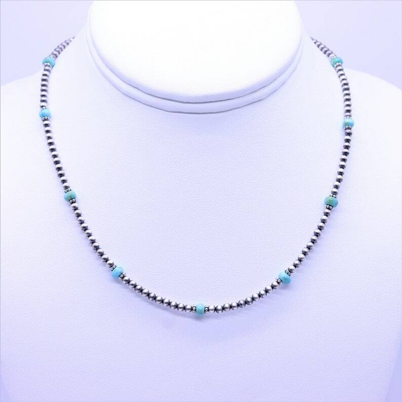 Blue Genuine Kingman 4mm Turquoise and Navajo Pearl Beaded Gemstone Necklace