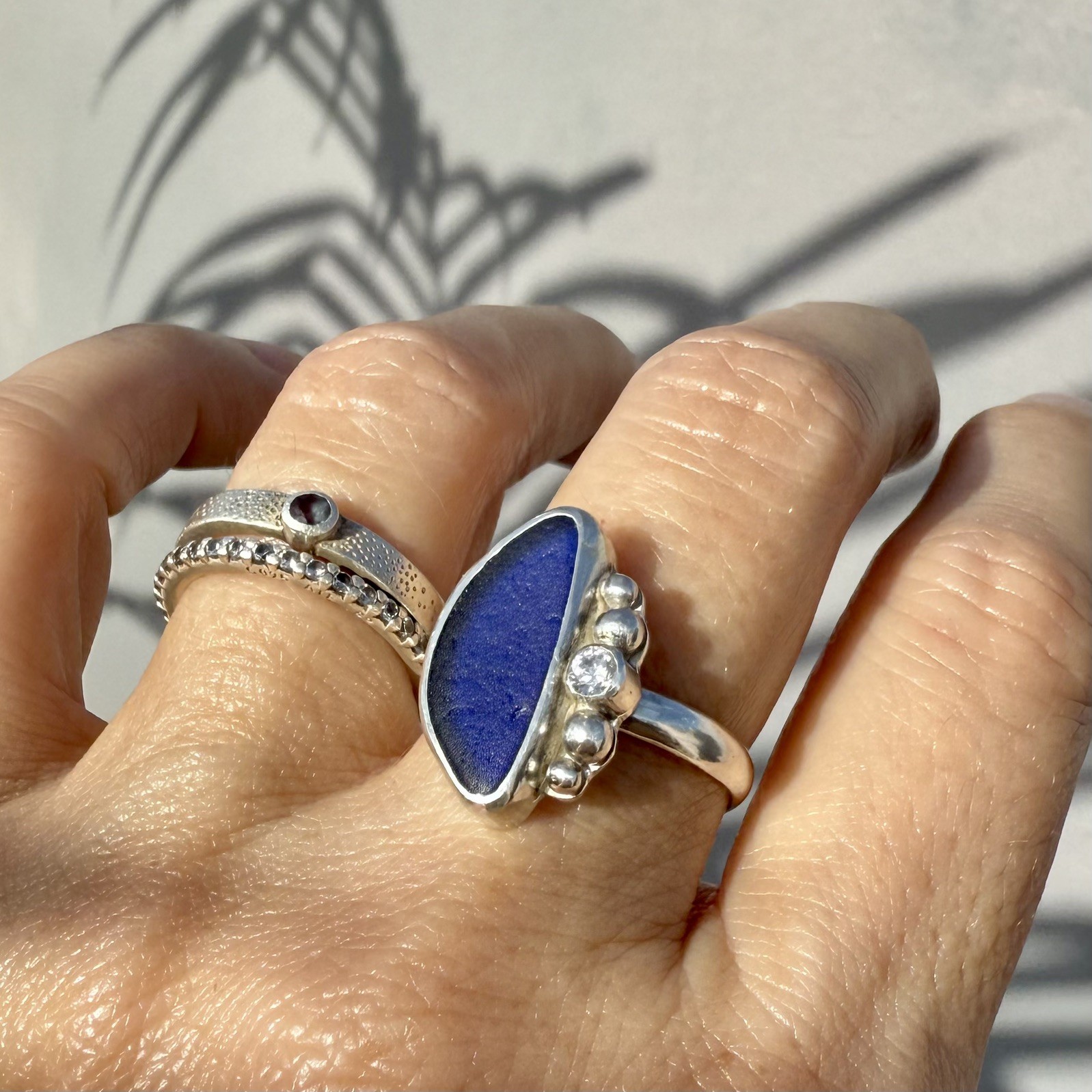 Cobalt Blue Genuine Caribbean Sea Glass Sterling Silver Ring With CZ Gem. Size 9