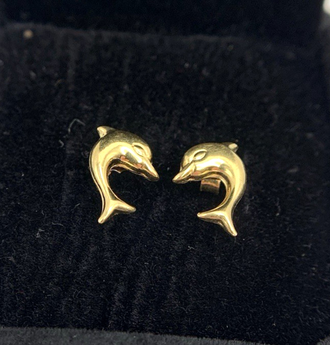 18k .750 Gold DOLPHIN Earrings,12.6mm x 8.4, 1.1g, Signed AR 348, FREEgfBx($5