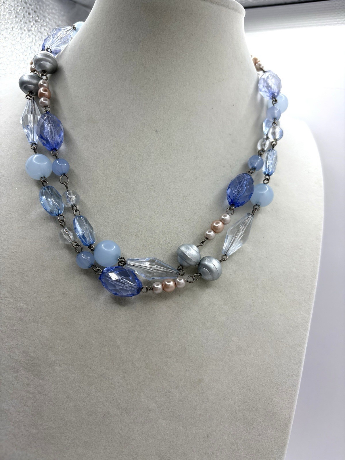 Periwinkle Blue, Silver & Champagne Colored Beaded Layered Necklace Silver Tone