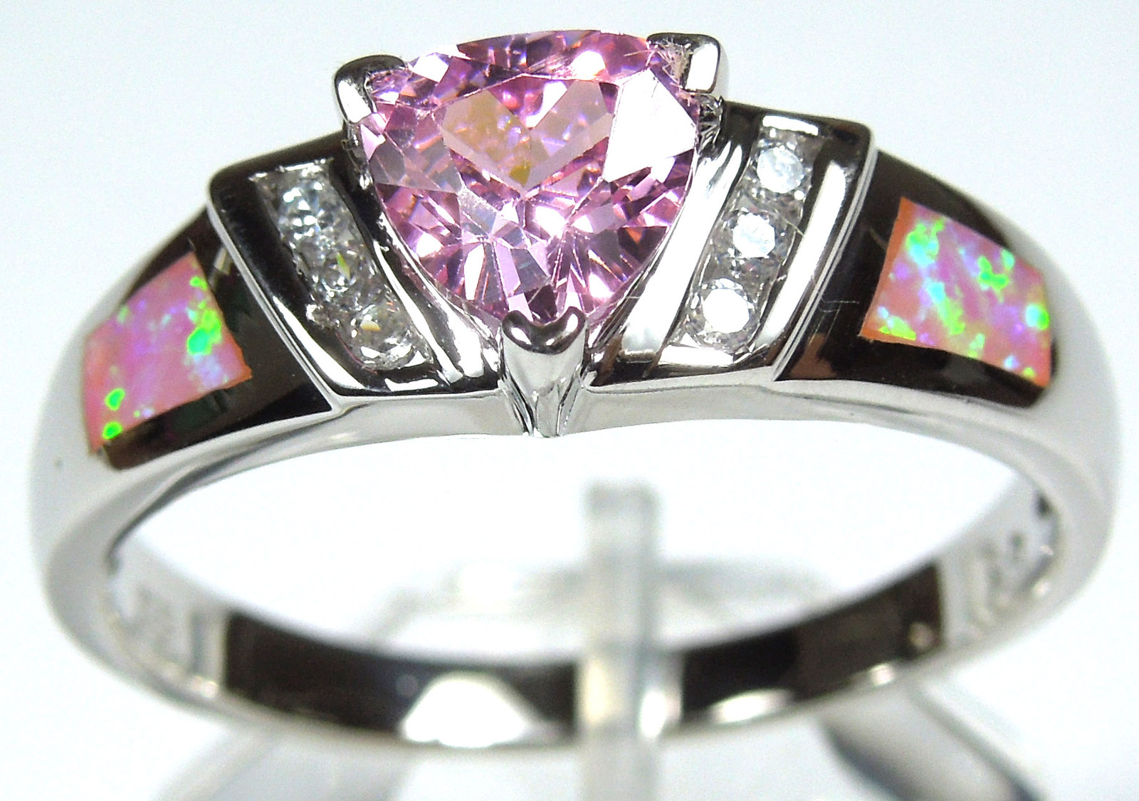 Trillion Pink Topaz & Pink Fire Opal Inlay 925 Sterling Silver Ring Size 6 – 9