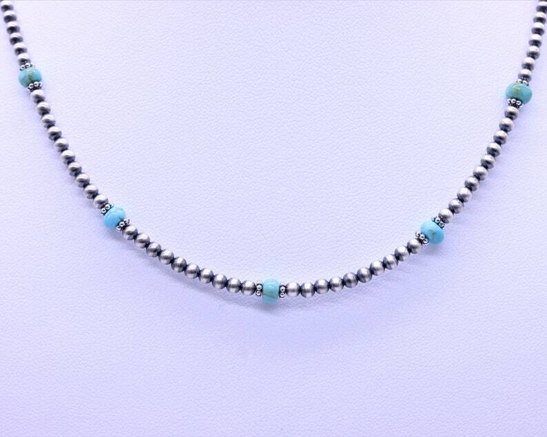 Blue Genuine Kingman 4mm Turquoise and Navajo Pearl Beaded Gemstone Necklace
