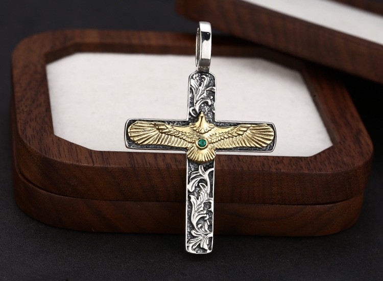 Majestic Eagle Cross Pendant Two-Tone S925 Silver Baroque Freedom Amulet for Men