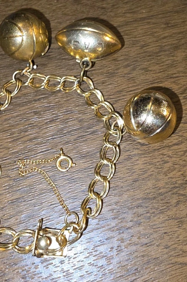 1940s & 1950s 12K GF Spartan Charm Bracelet Gold Football Basketball GTE Charm