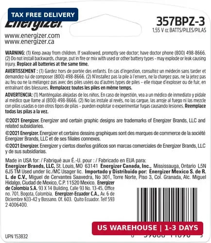 Energizer LR44 Battery, Silver Oxide 303, 357, AG13, or SR44 1.5 Volt Batteries