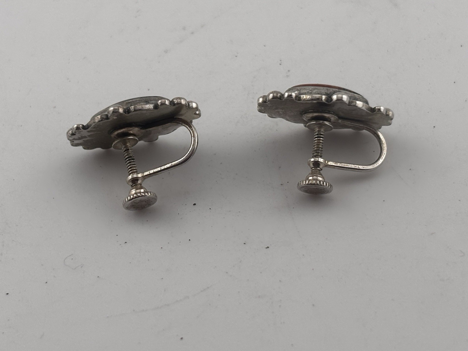 Vintage Scrolled Sterling Silver and Mahogany Obsidian Earrings -Screw Back