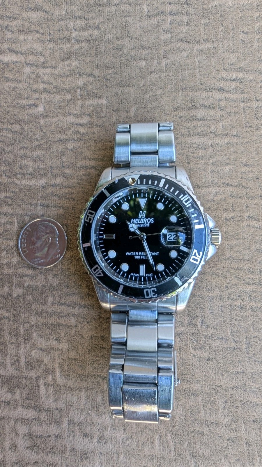 Helbros Divers Watch Men’s 626 Black Dial Stainless Steel Bracelet Band Date