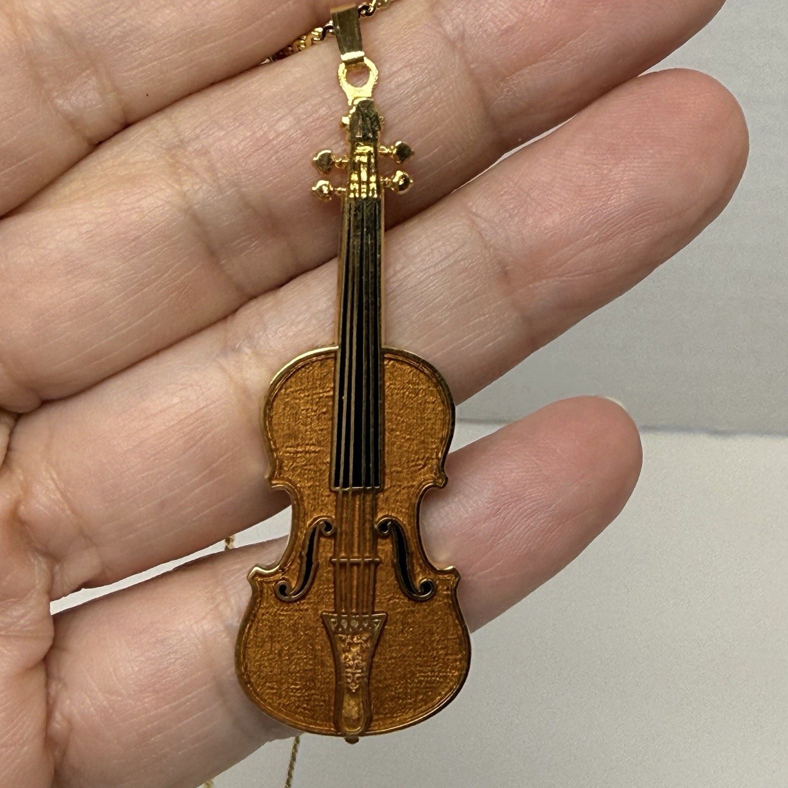 Vintage Future Primitive Gold Tone Enamel Violin Cello Pendant Long Necklace