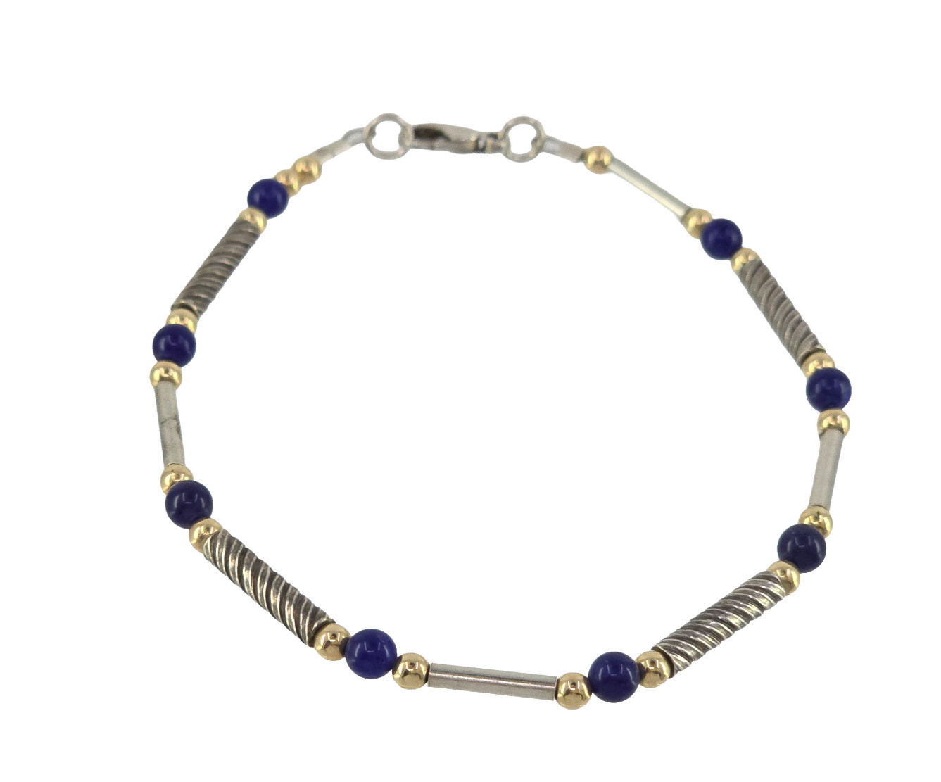 VINTAGE 4mm NATURAL LAPIS LAZULI BEADS 3mm 1OK GOLD BEADS and STERLING BRACELET