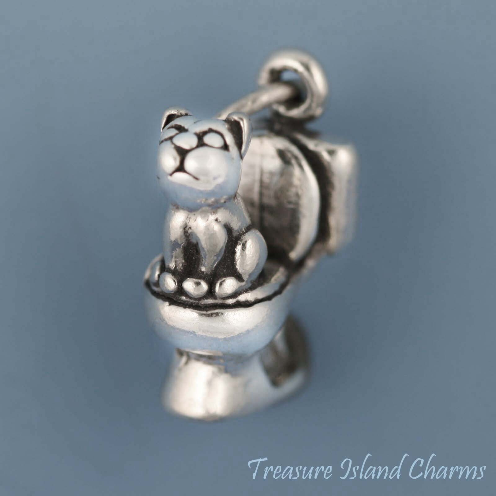 Cat Kitten Sitting on Toilet 3D 925 Solid Sterling Silver Charm MADE IN USA