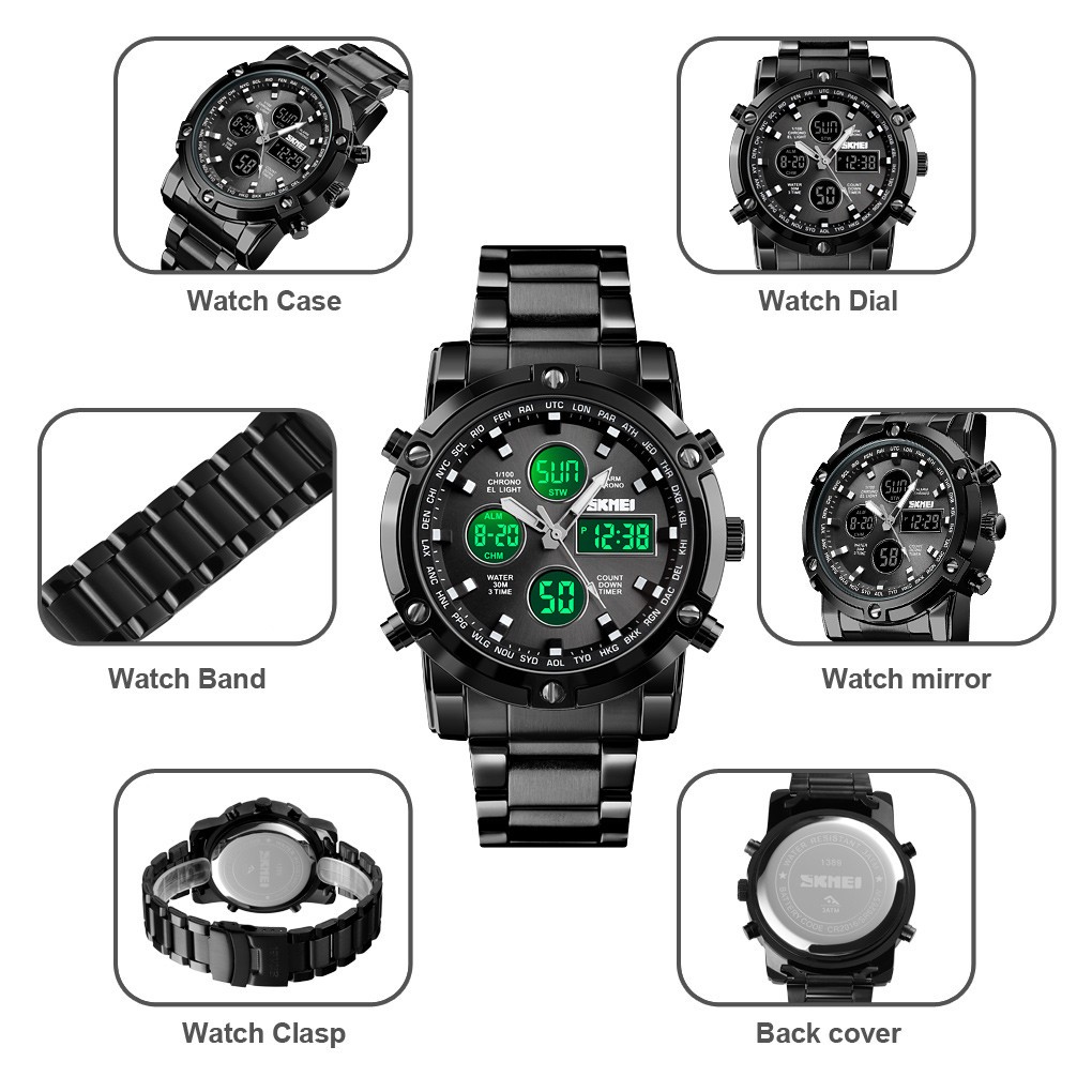 SKMEI Men Quartz Watch LED Digital Steel Wristwatch Casual Business Male Watches