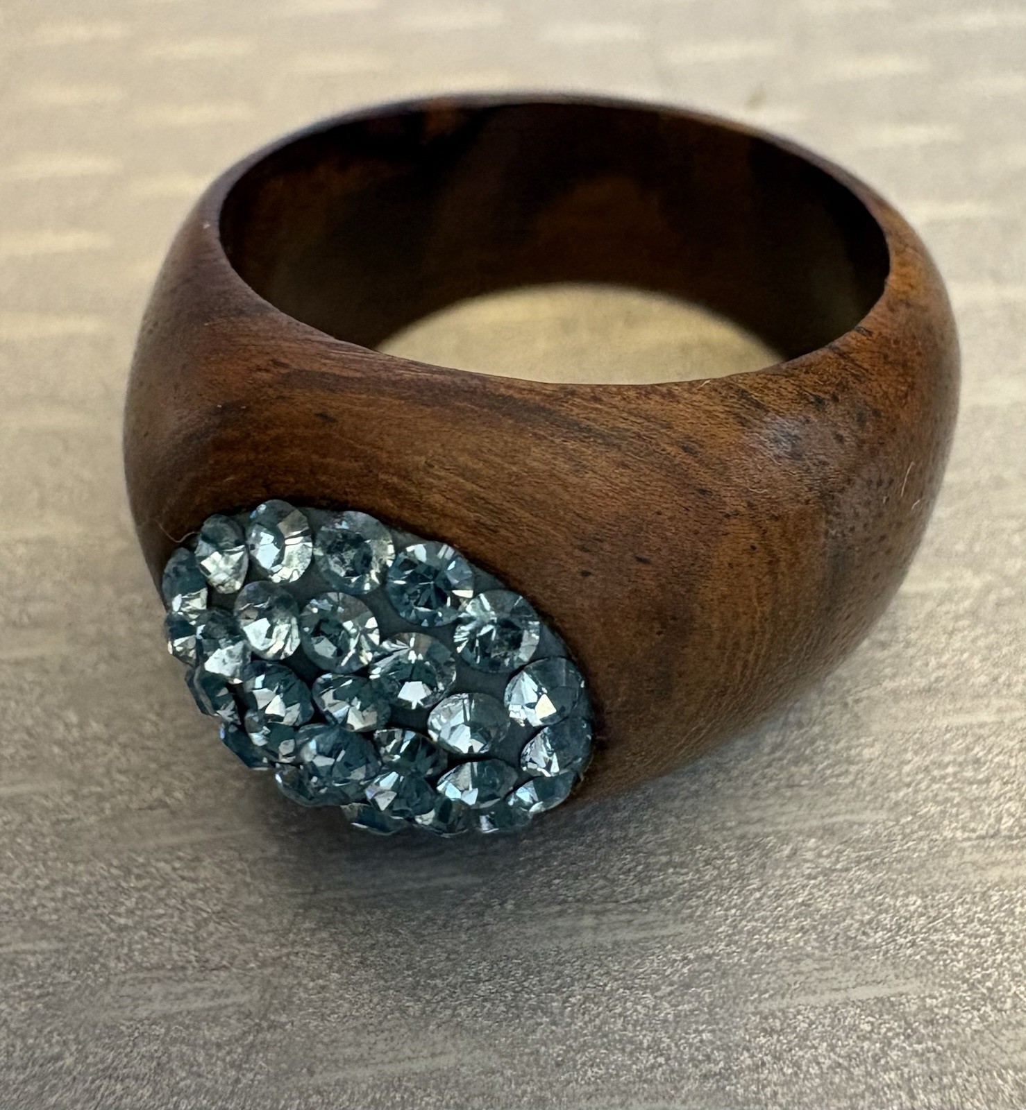 Walnut Wood Ring Aqua Swarovski Crystal Pave Set Dome size 7.25