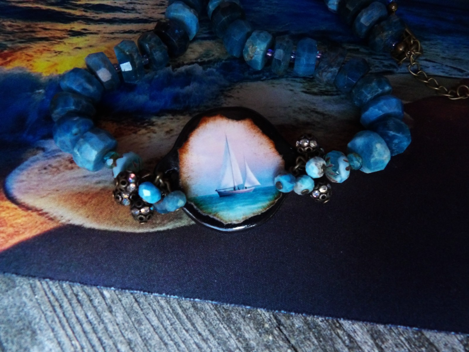 Necklace, Ocean, Apatite Beads, Sailboat, Beach, One of a Kind