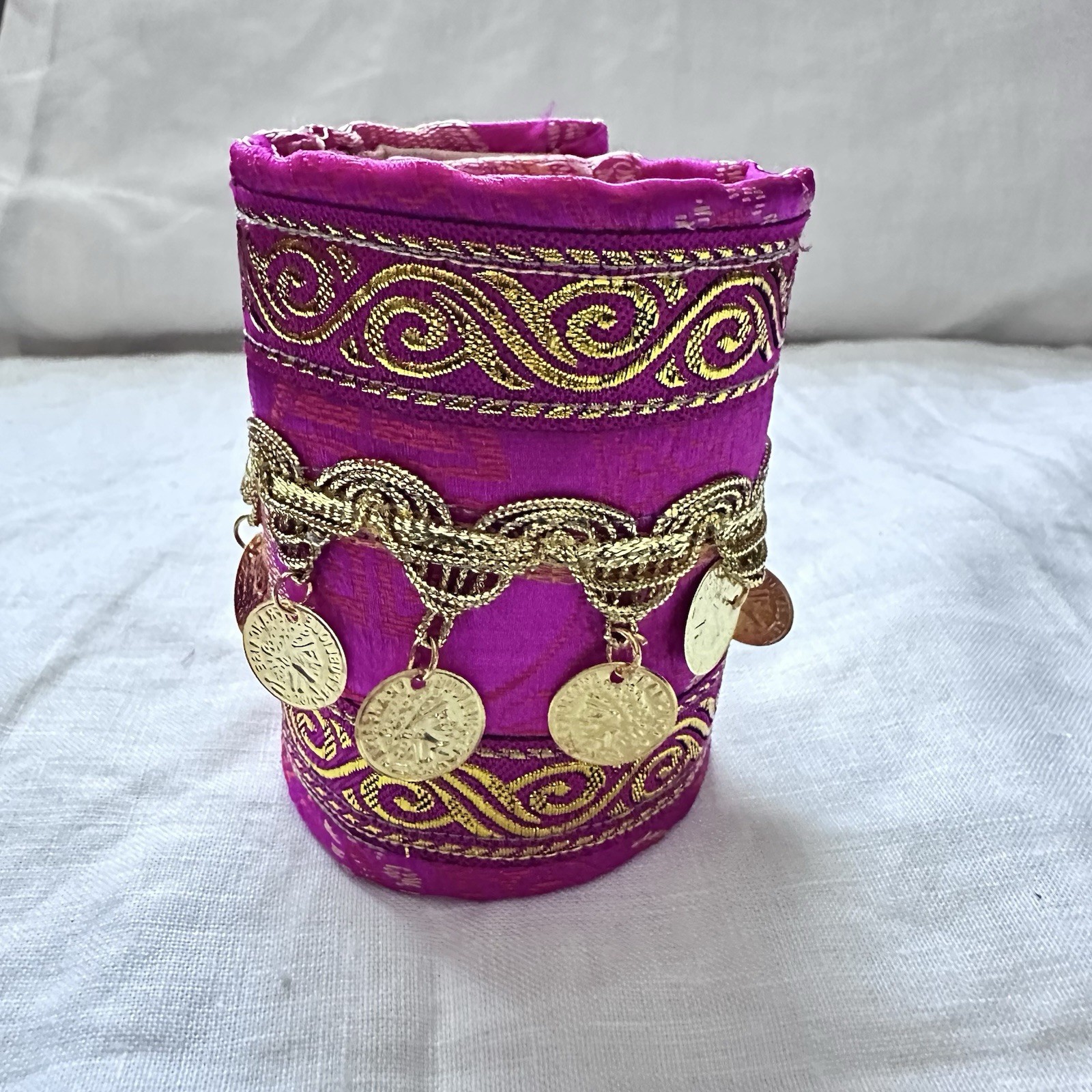 Artisan Fuchsia and Gold Coin Cuff Bracelet Adjustable Wrist Jewelry Art Signed