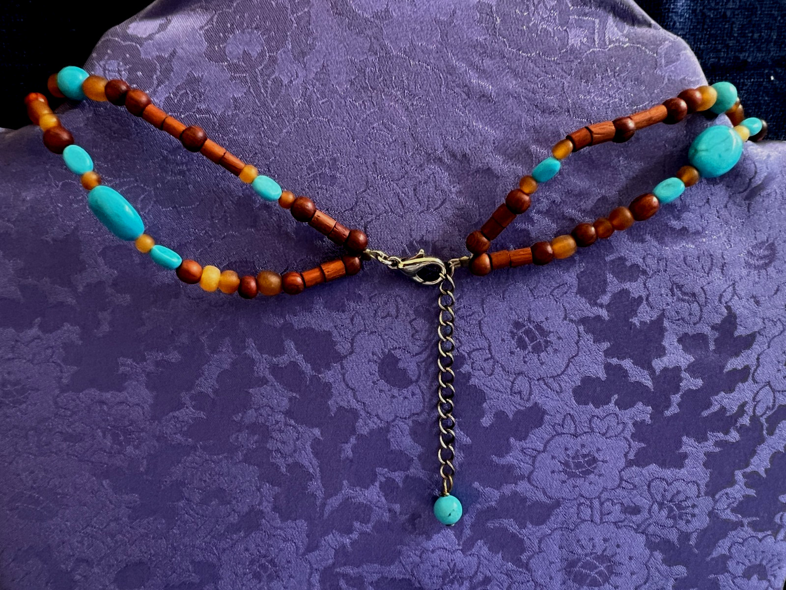 Beaded Necklace 17.5 To 19.5 Inches Long Lobster Clasp Turquoise Blue Brown