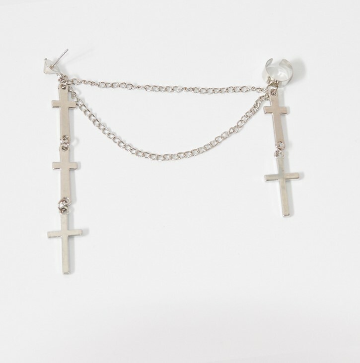 Gothic Punk Cuff Dangle Drop Cross Earrings Long Chain Stud Tassel Earrings P29