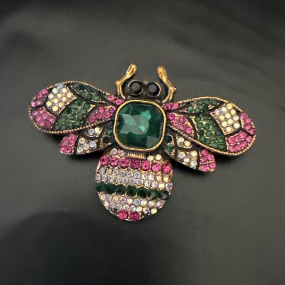 Multicolor Pavé Rhinestone Bee Brooch Pin w/ Green Cushion Crystal Center