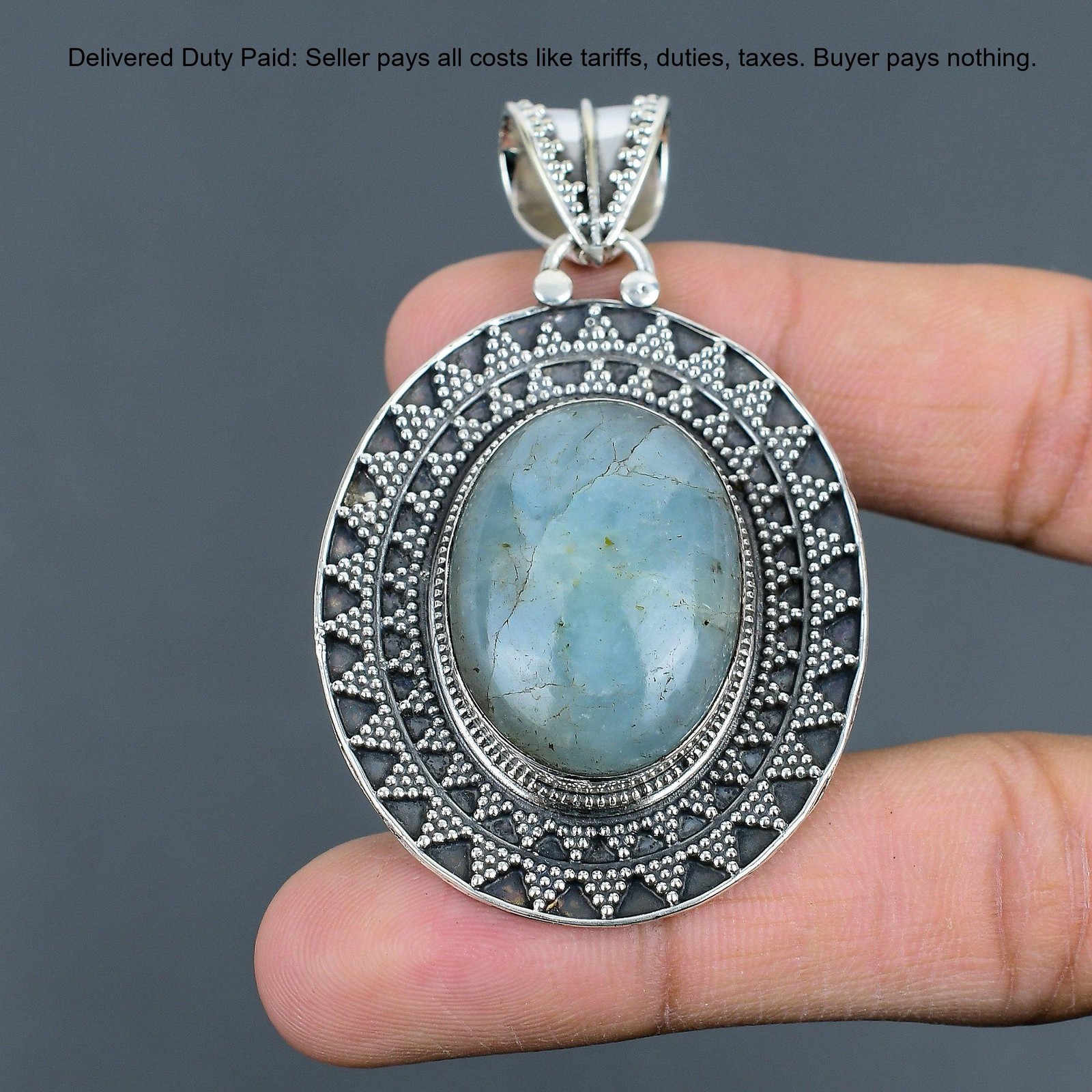925 Sterling Silver Oval Natural Aquamarine Vintage Anniversary Pendant Jewelry