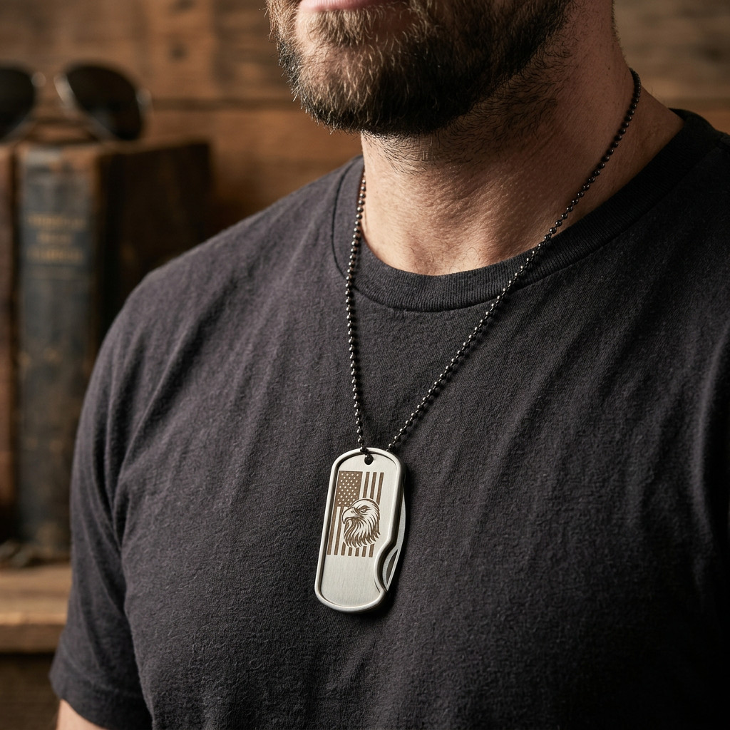 US Flag Eagle Stainless Steel Dog Tag Necklace Money Clip Folding Knife