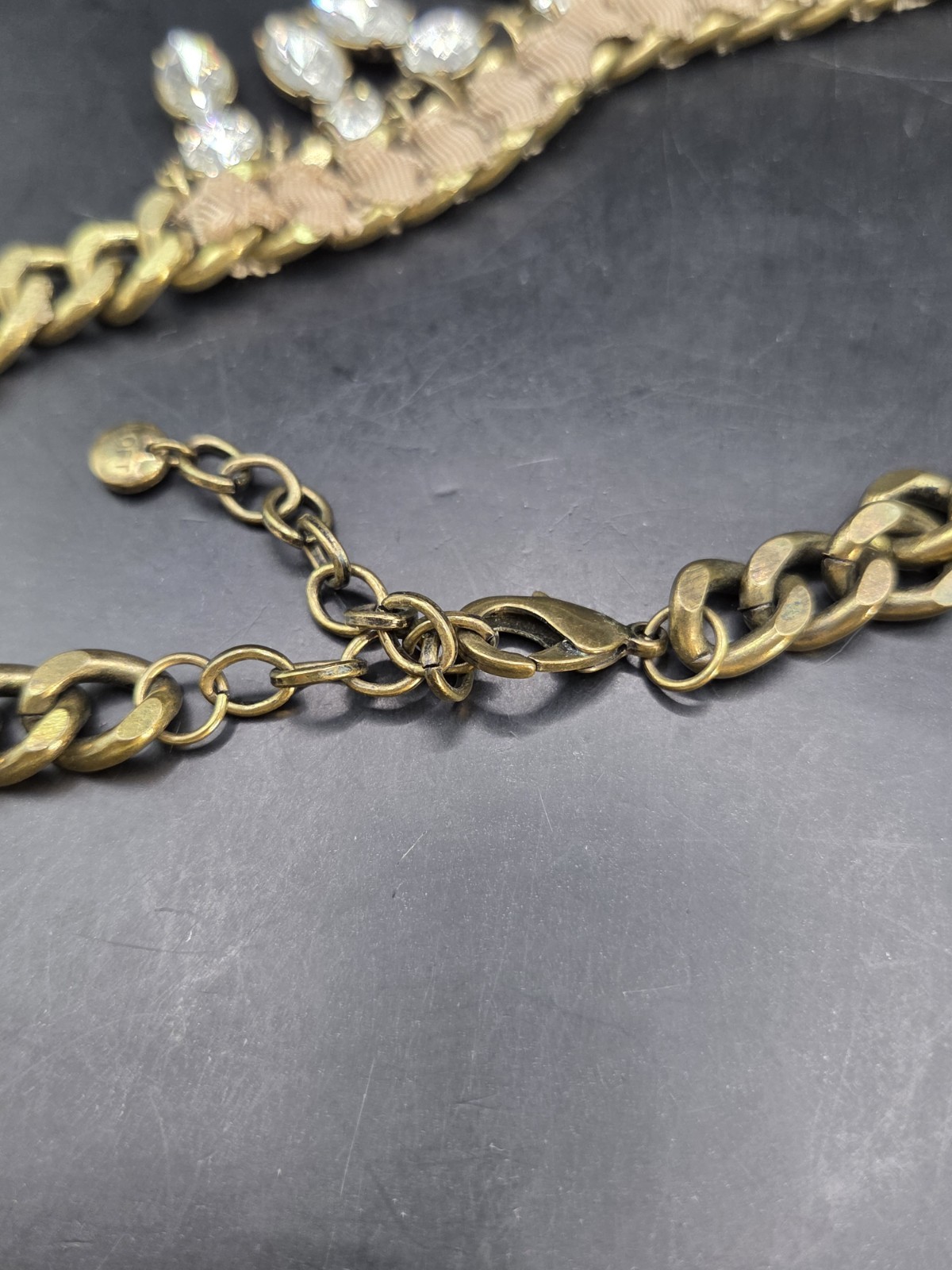 Ann Taylor Loft Rhinestone Necklace Bronze Finish Beige Ribbon 20”