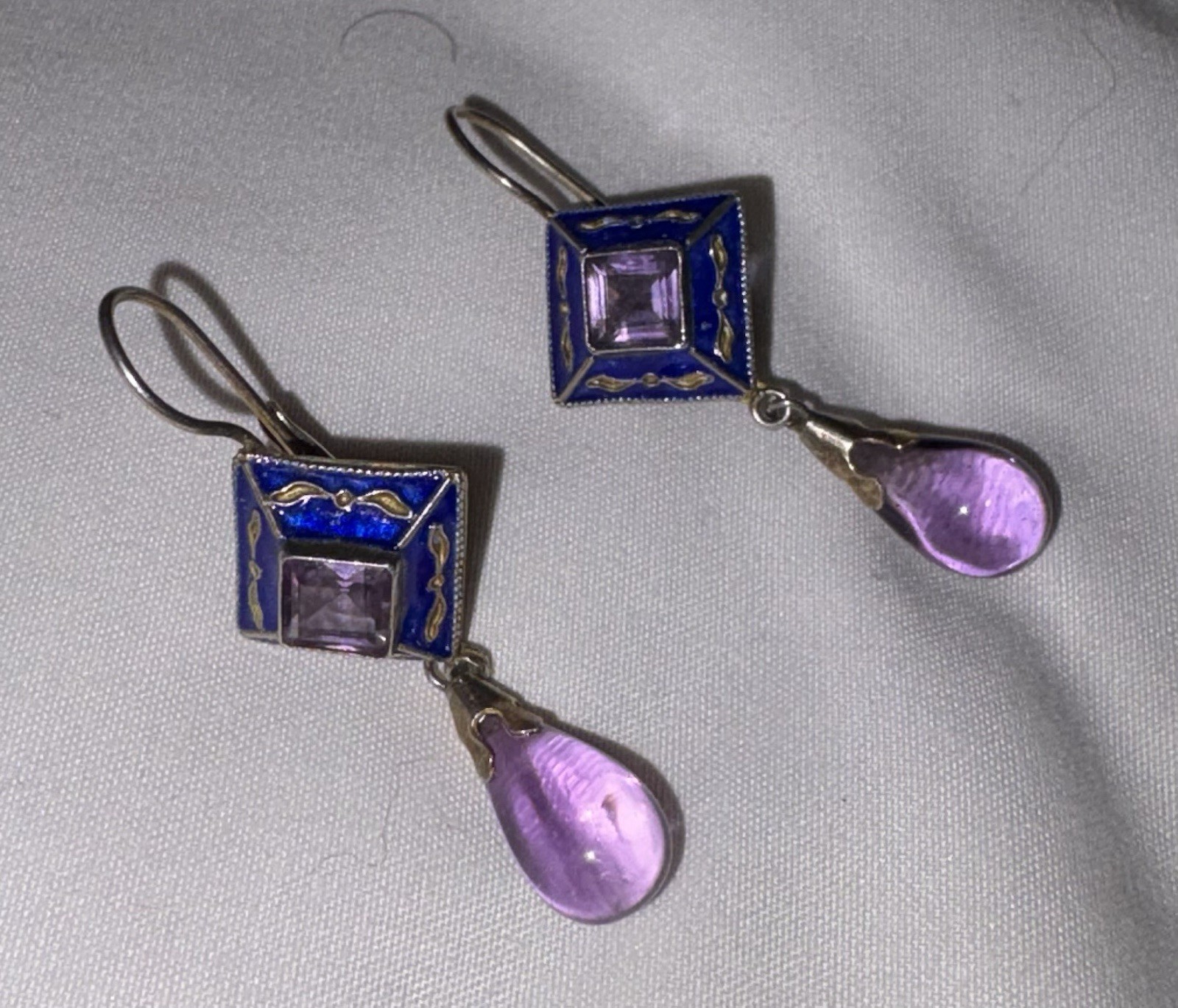 SS925 Amethyst Earrings With Blue Enamel & Gold Vermeil Decor Over SS