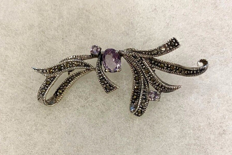 Sterling Marcasite and Amethyst Bow Pin Approx. 2 1/4 In. Wide – 9.0 Grams