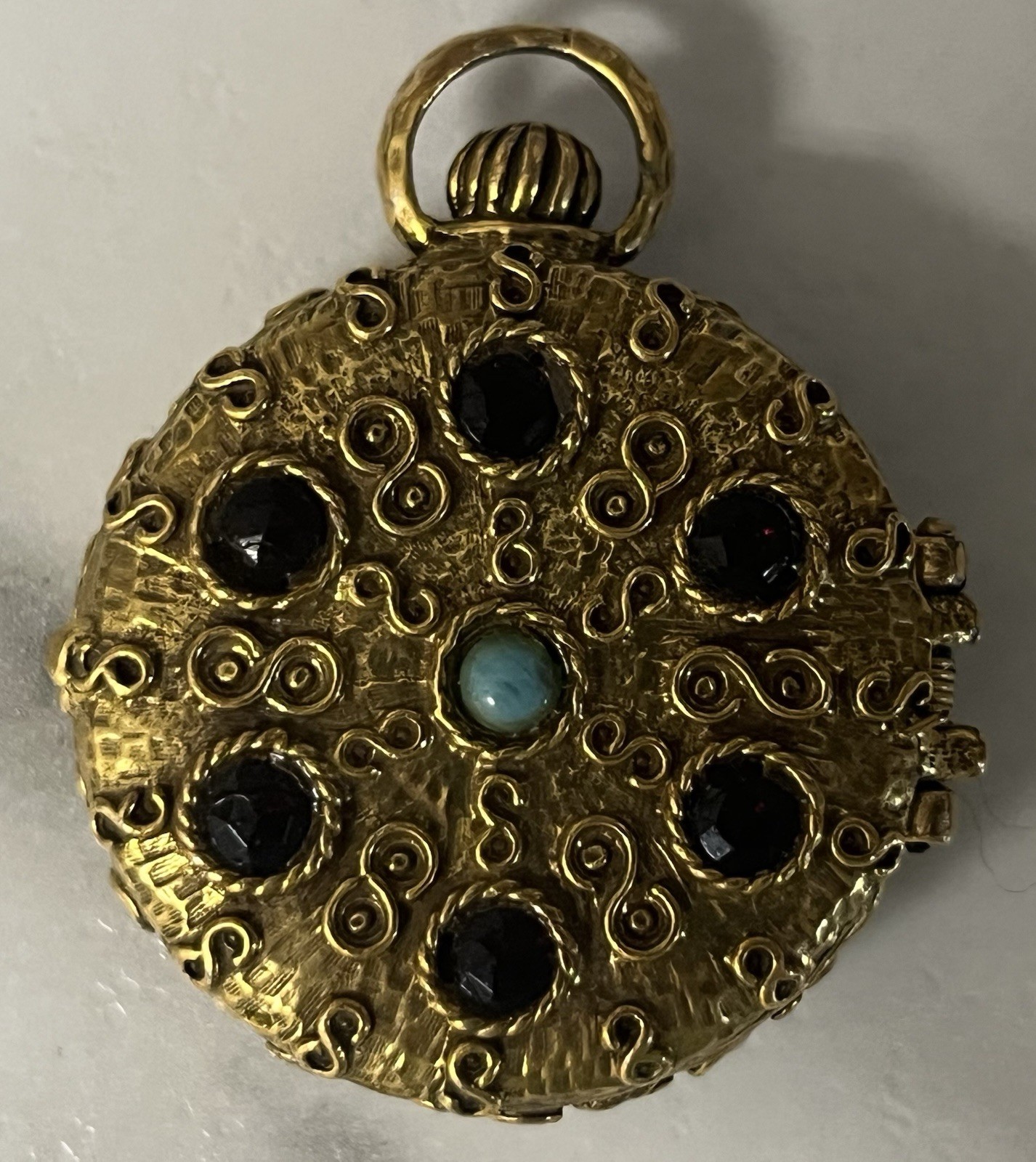Vtg GOLDETTE NY PERFUME LOCKET Pendant Garnet Turquoise Glass Pocket Watch Style