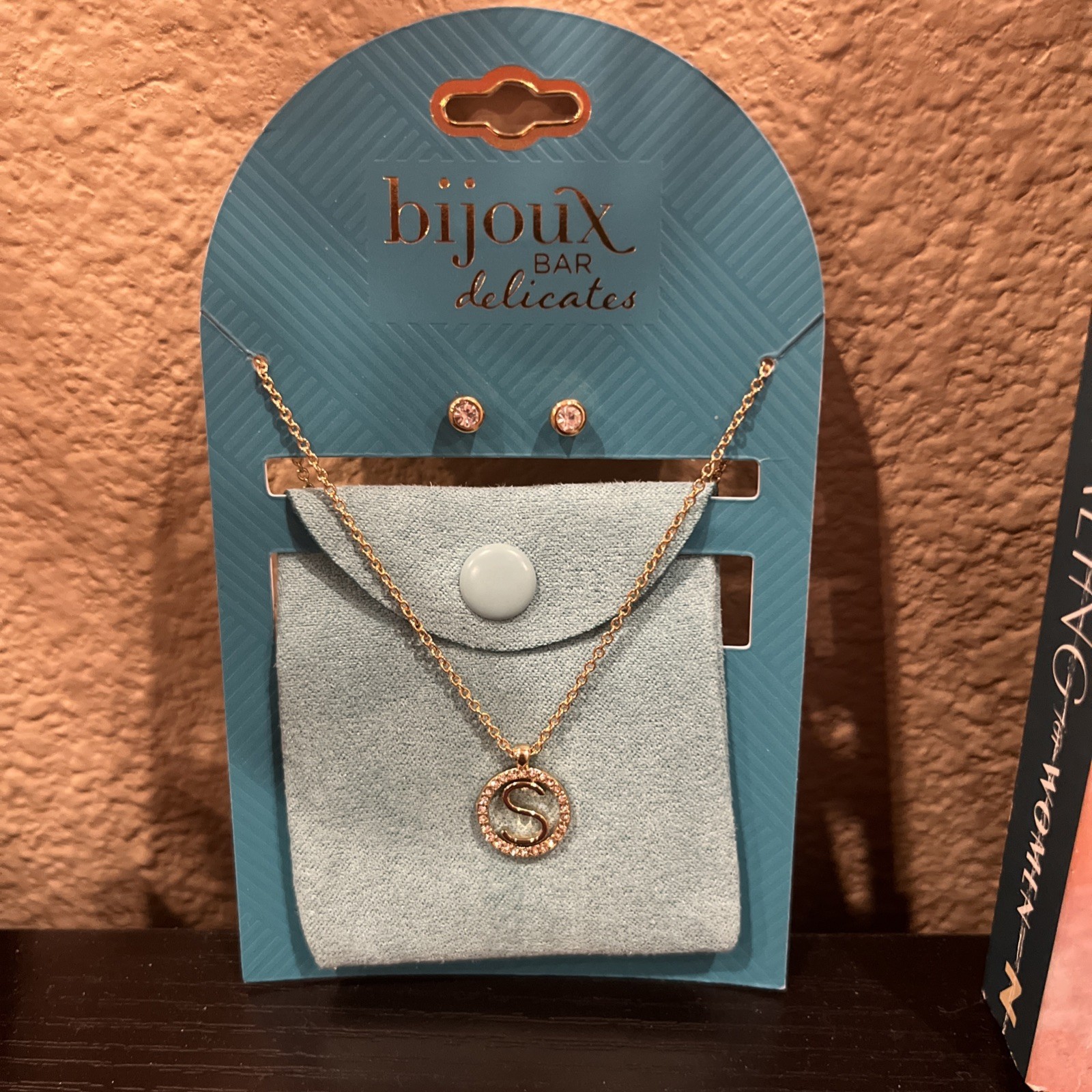NWT Bijoux Bar Delicates GoldTone Necklace & Stud Earring Set w/Pouch Letter S