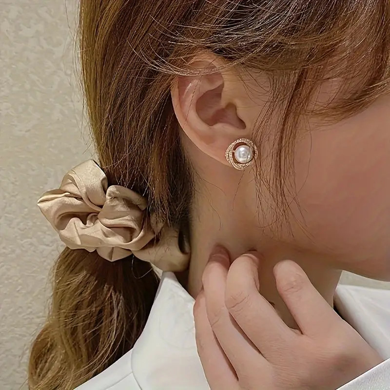 Gold Round Diamante & Pearl Studs Earrings (Free Gift Box Included)