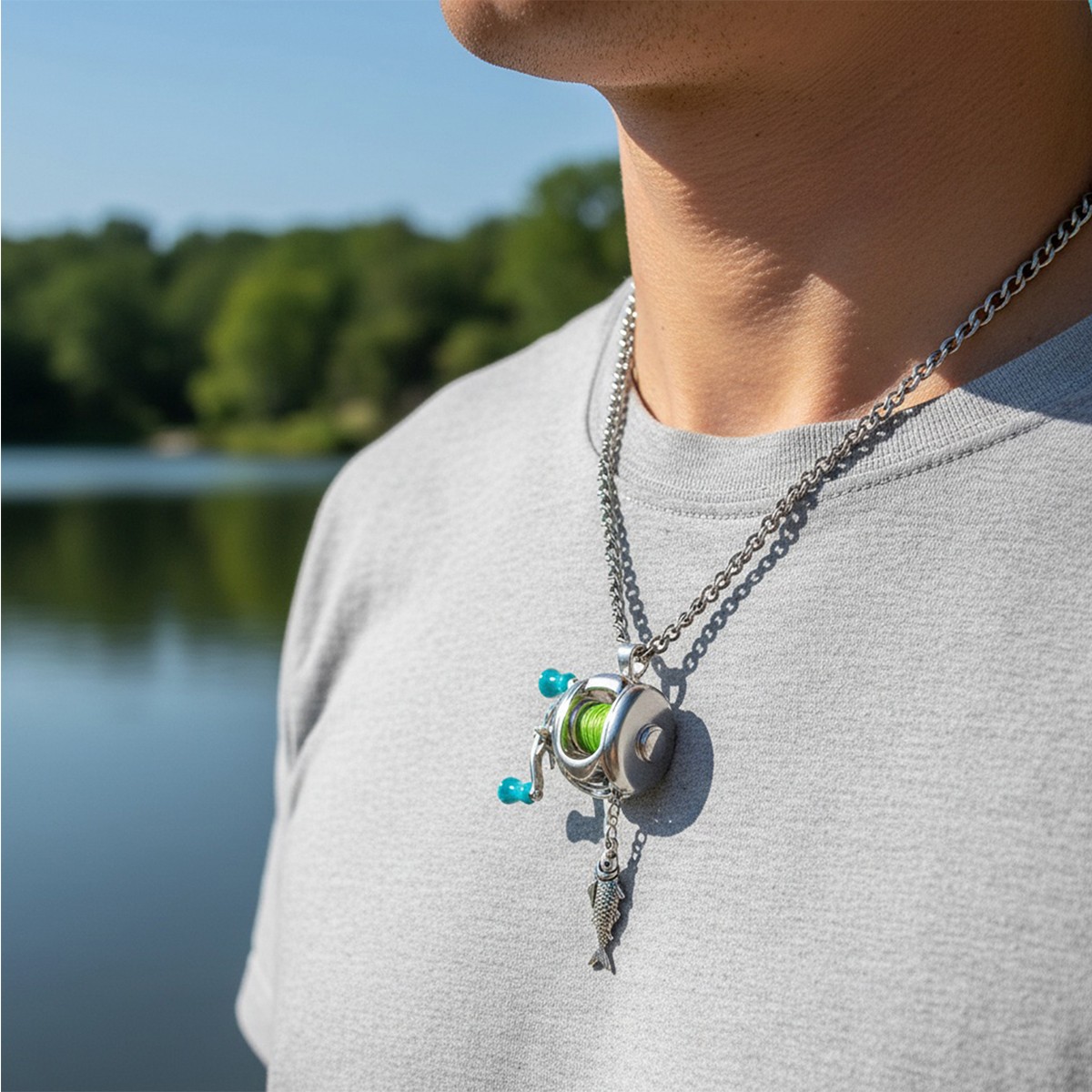 Rotating Handle Fishing Reel Necklace Mini Alloy Reels Pendant Necklace
