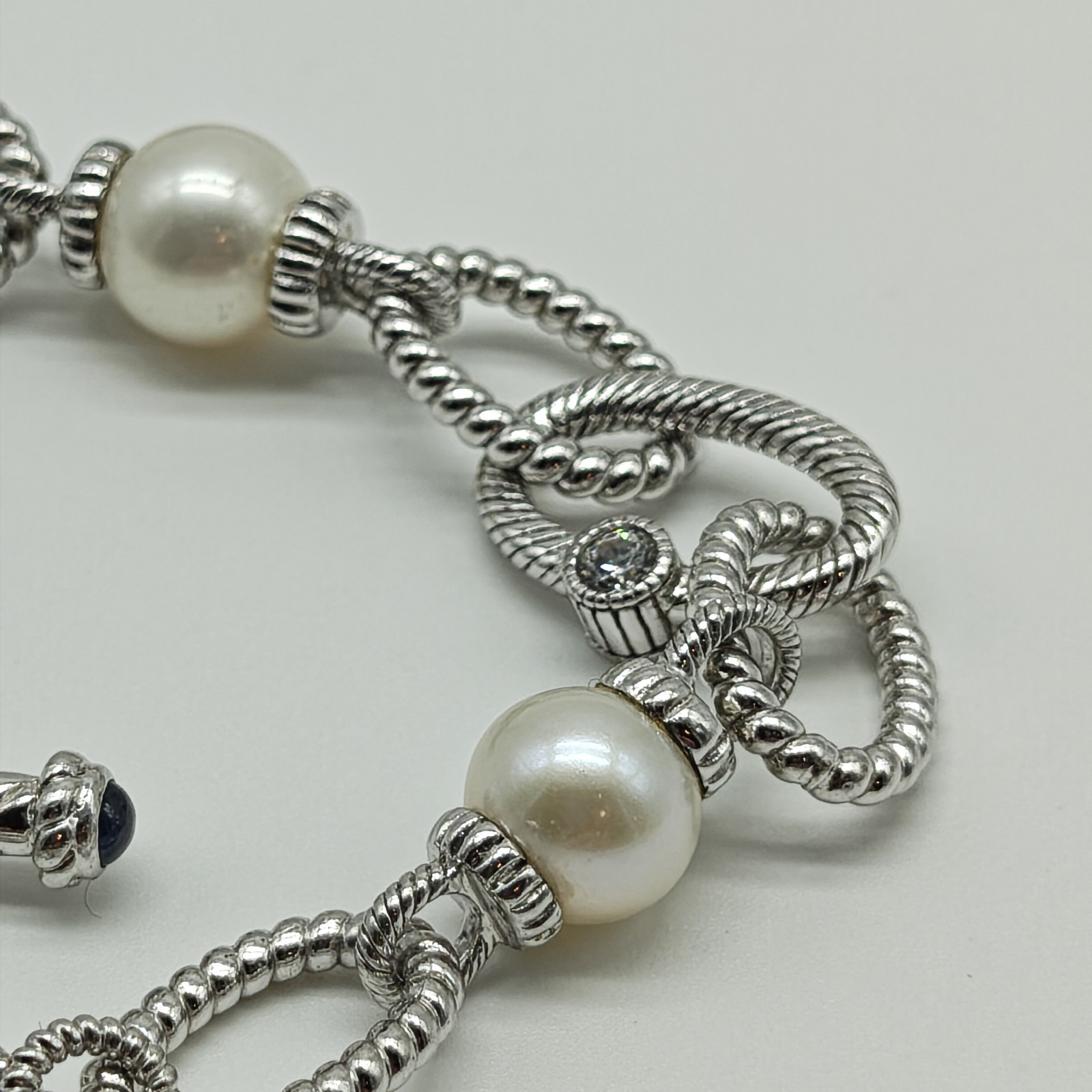 QVC Judith Ripka Sterling Silver 925 Pearl & CZ Station Bracelet 8.25″