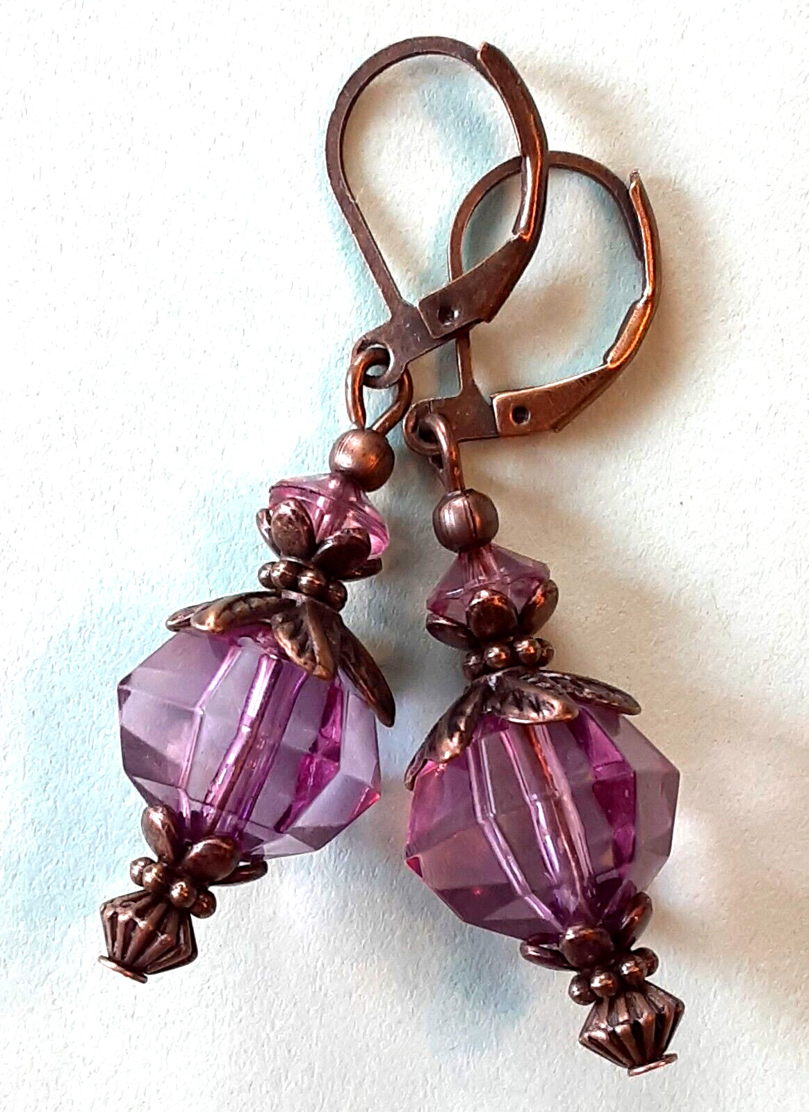 PLUM ACRYLIC CRYSTAL lightweight earrings BRONZE LEVER BACK artisan XX
