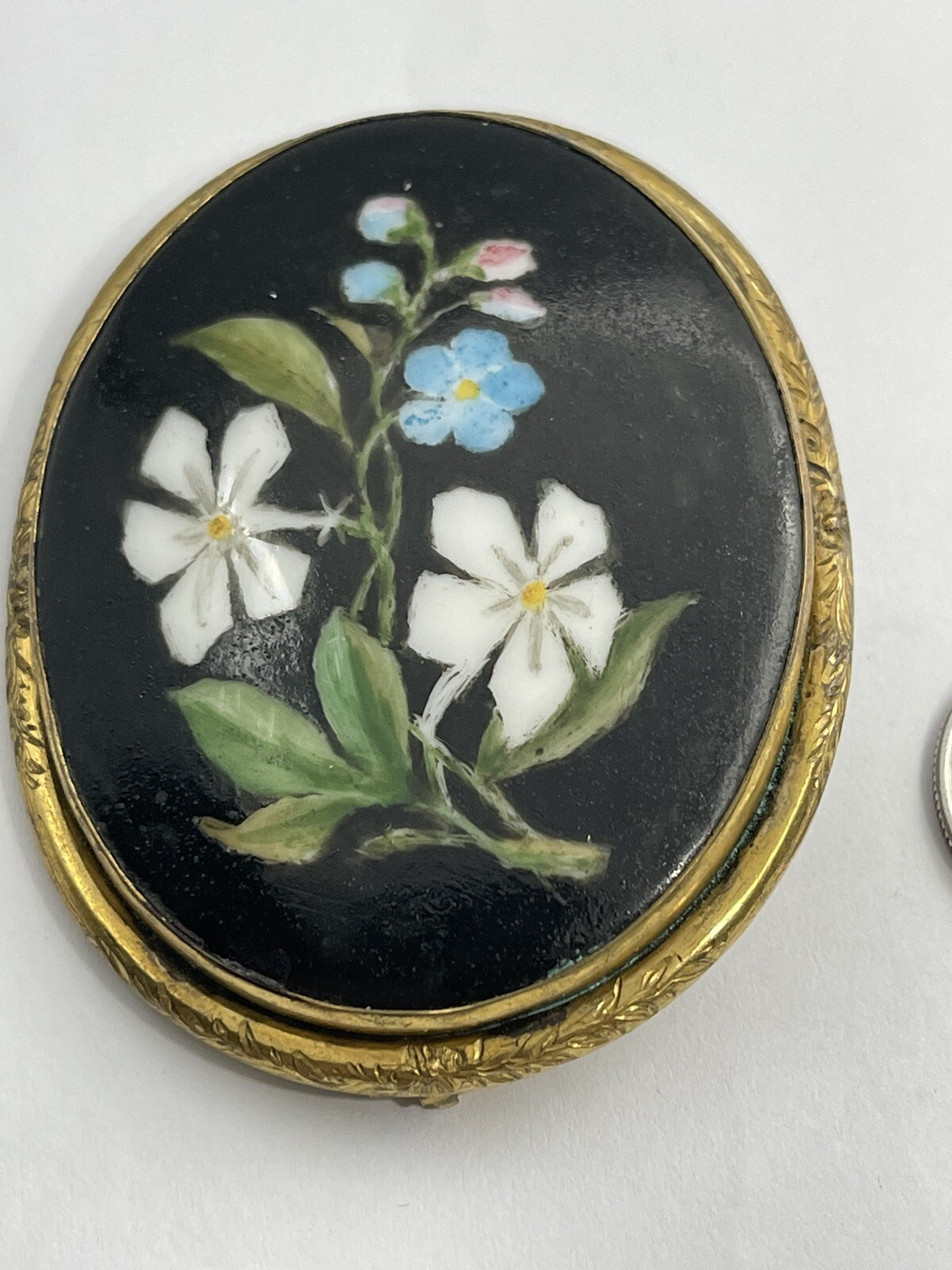 Antique Victorian HandPainted & Pietra Dura Flowers Goldtone Mourning Brooch