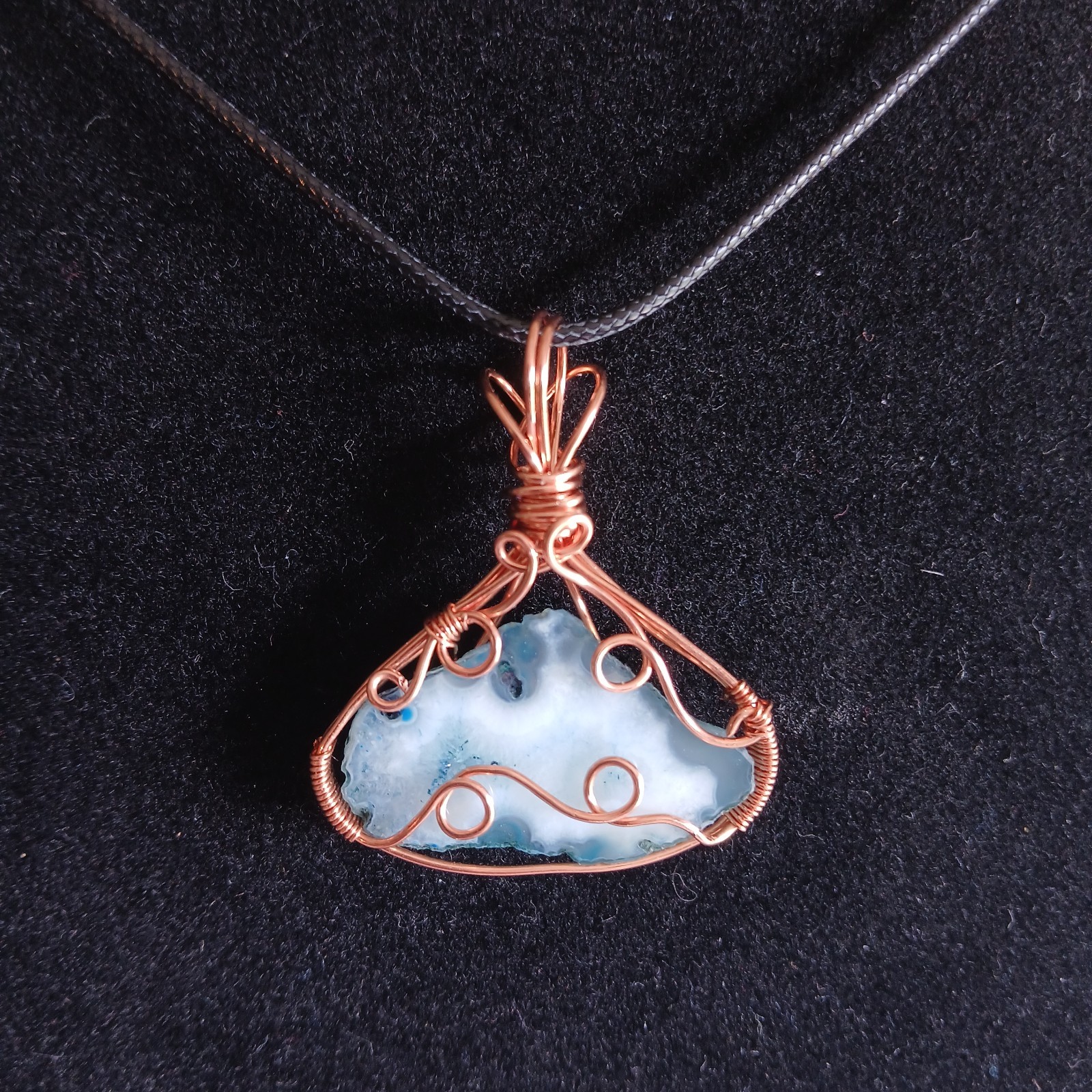 Copper wire wrapped teal blue agate slice pendant with black cord necklace…
