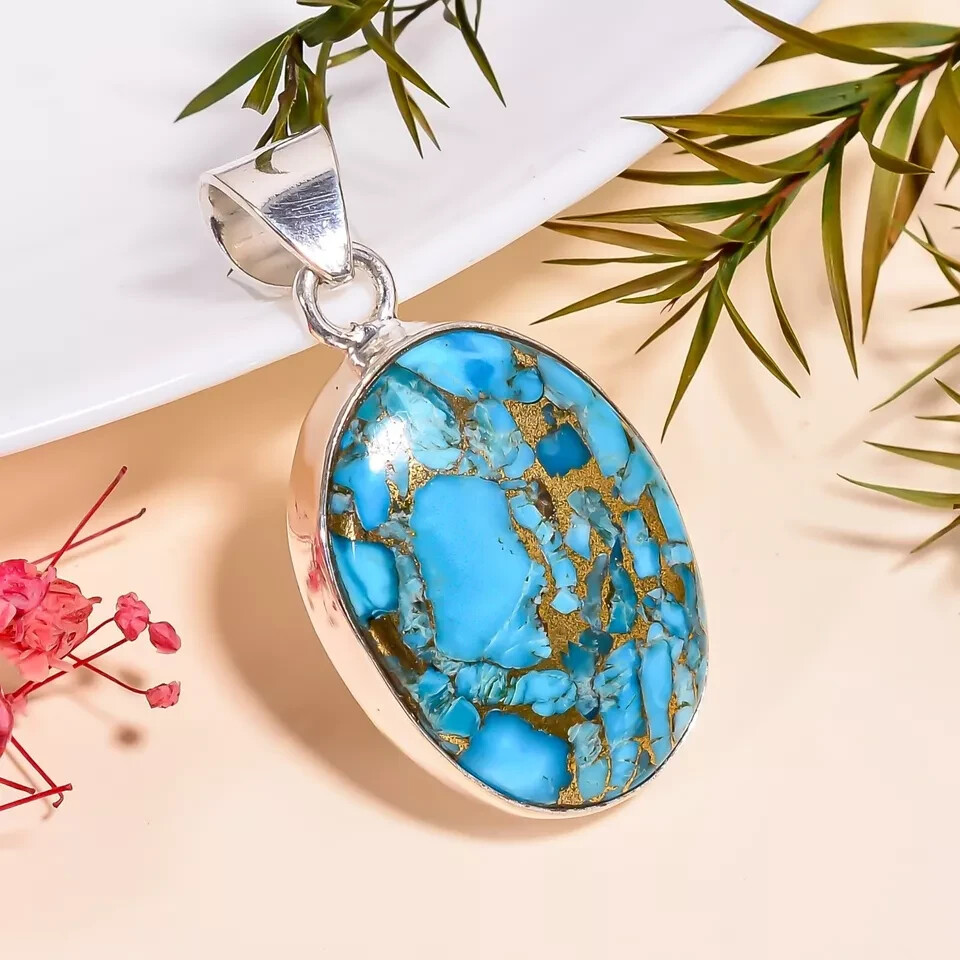 Blue Copper Turquoise Gemstone Pendant 925 Sterling Silver Simple Pendant MK*