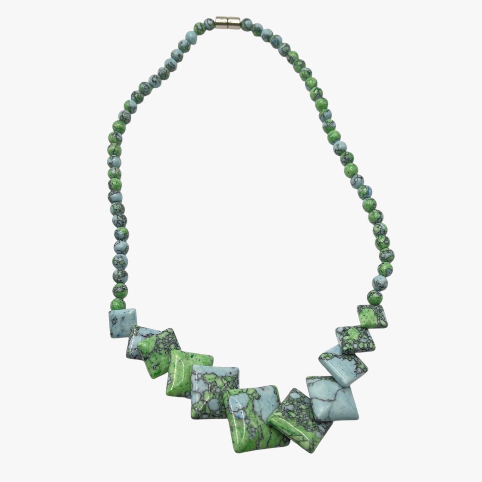 Blue Green Dyed Gemstone Bib Necklace Graduated Square Beaded 18″ Boho Southwest