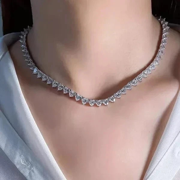 3mm Heart Cut Moissanite Women’s 18″ Tennis Necklace 14K White Gold Plated