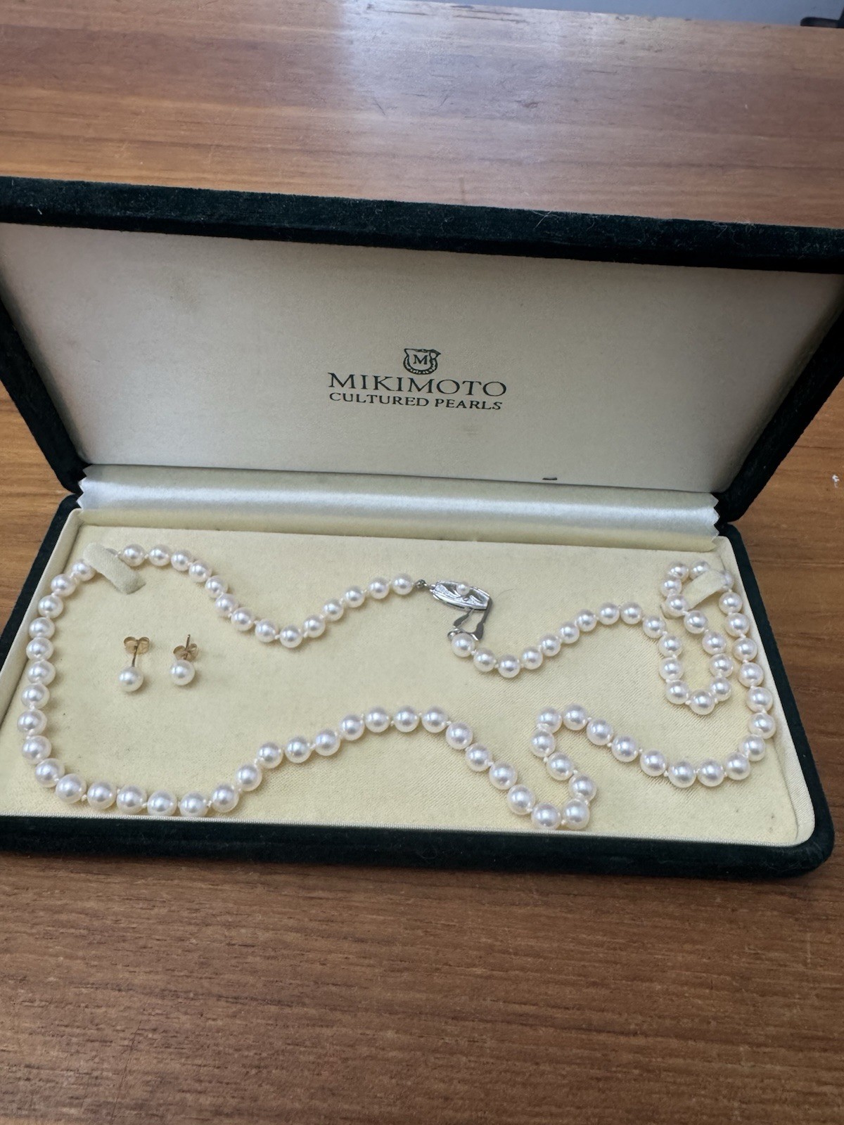 Mikimoto Cultured Pearl Necklace 25in Silver Clasp, With Gold Stud Earrings