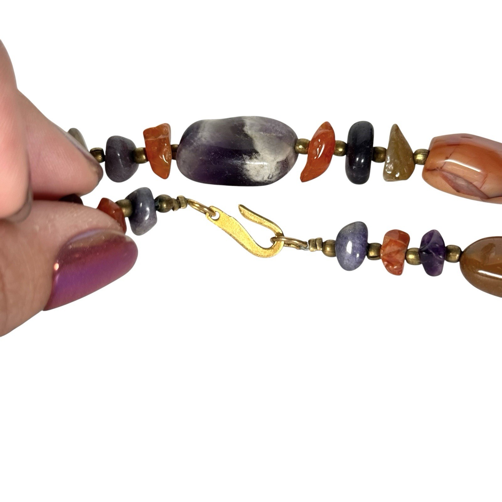 27” Multi-Stone Polished Banded Agate Gemstone Bead Rock Necklace Amethyst Amber