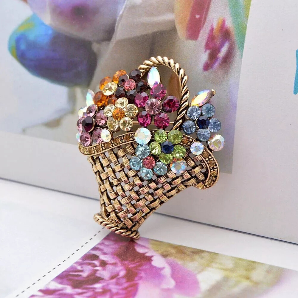Cute Flower Basket Crystal Rhinestone Vintage Style Brooch Pin and Gold Bag