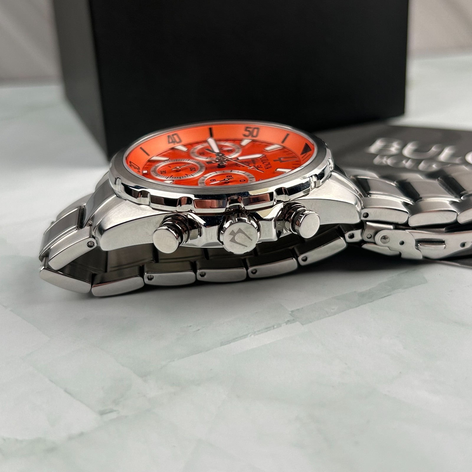 Bulova Marine Star 96B395 Orange Dial Men’s Chronograph Quartz Watch New 43MM