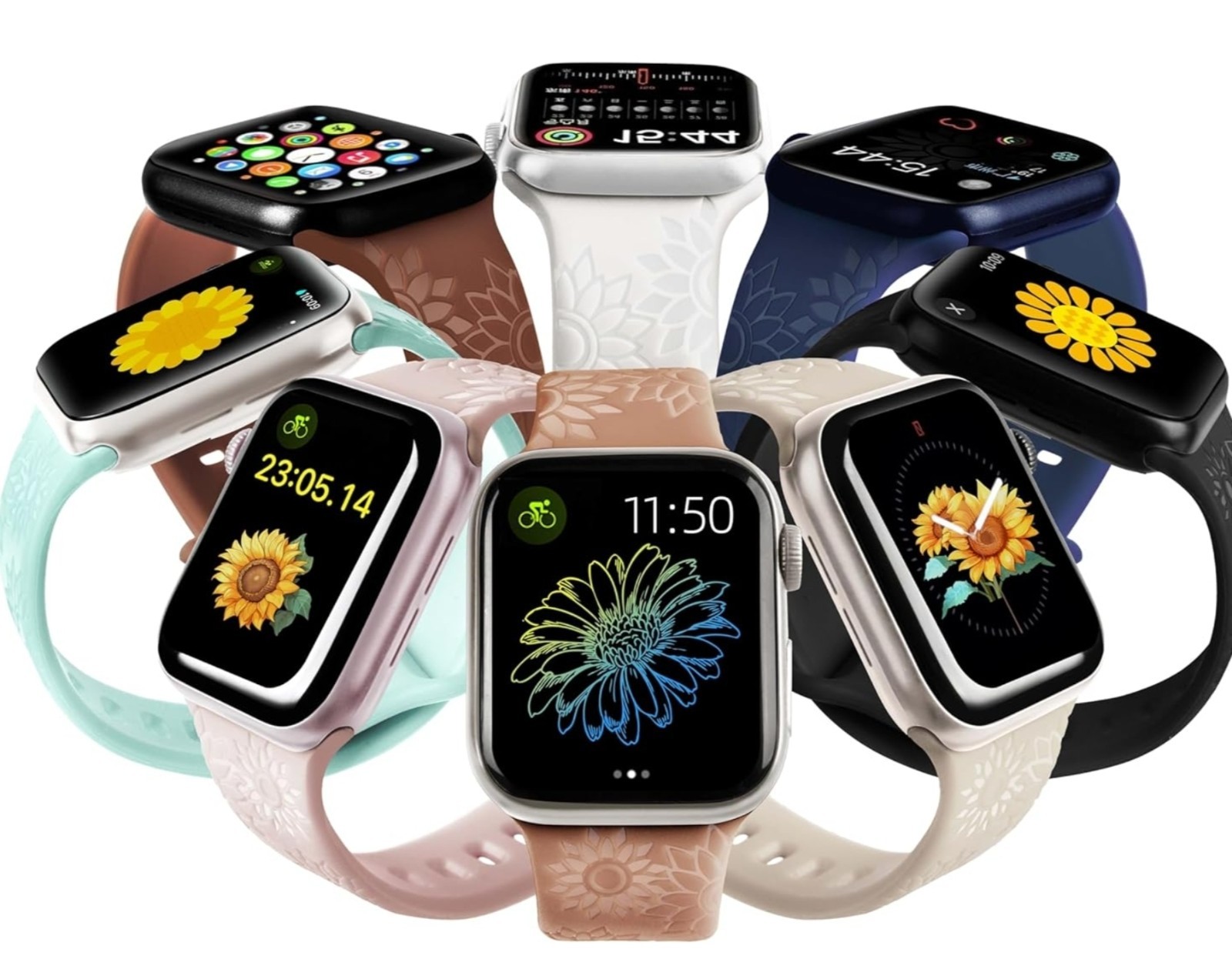  6 Pk Flower Engraved Bands Compatible All Apple Watch Band 38mm 40mm 41mm 42mm