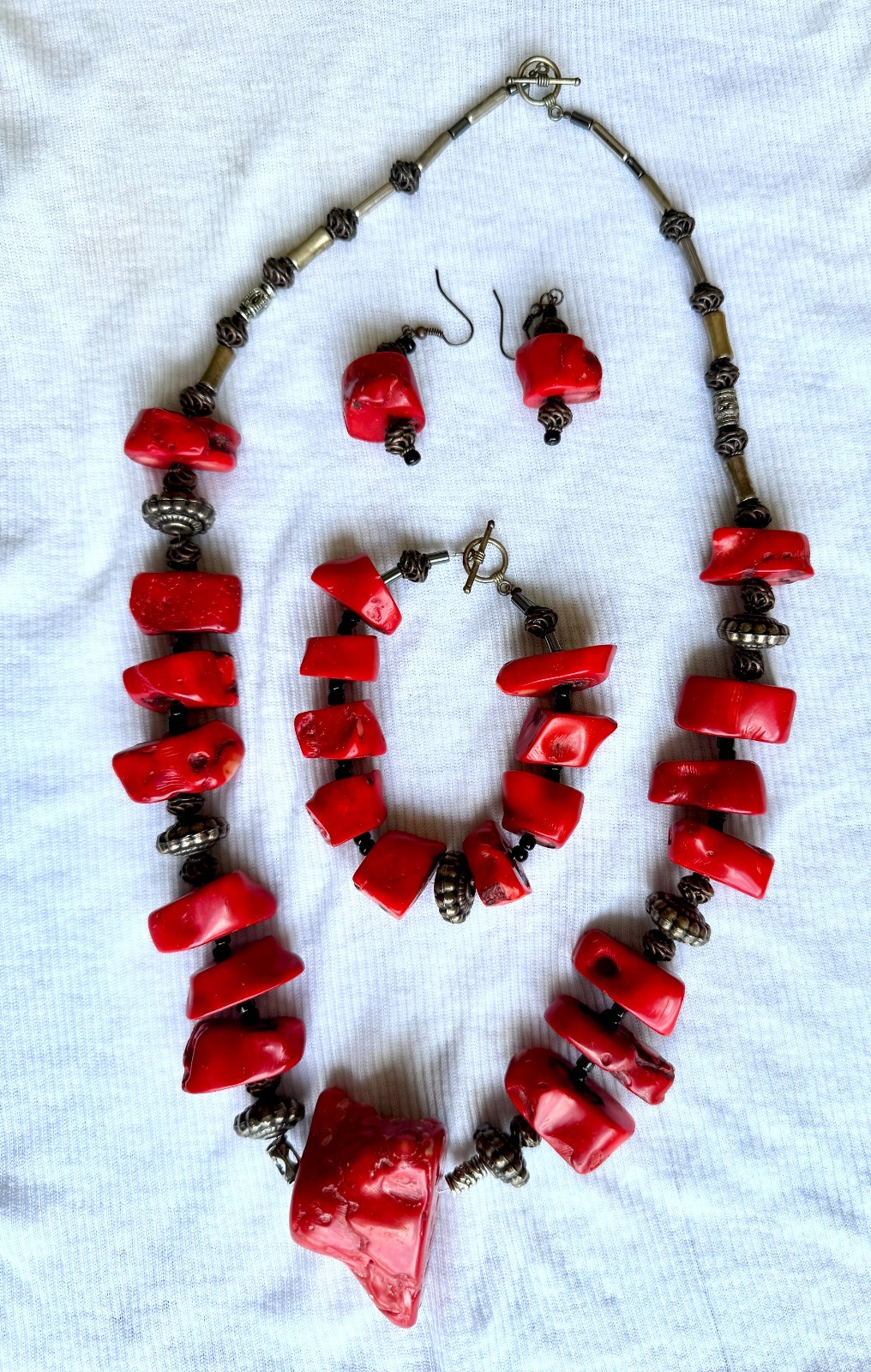 Vintage Chunky Red Bamboo Coral Style Necklace, Bracelet & Earrings-Large Boho