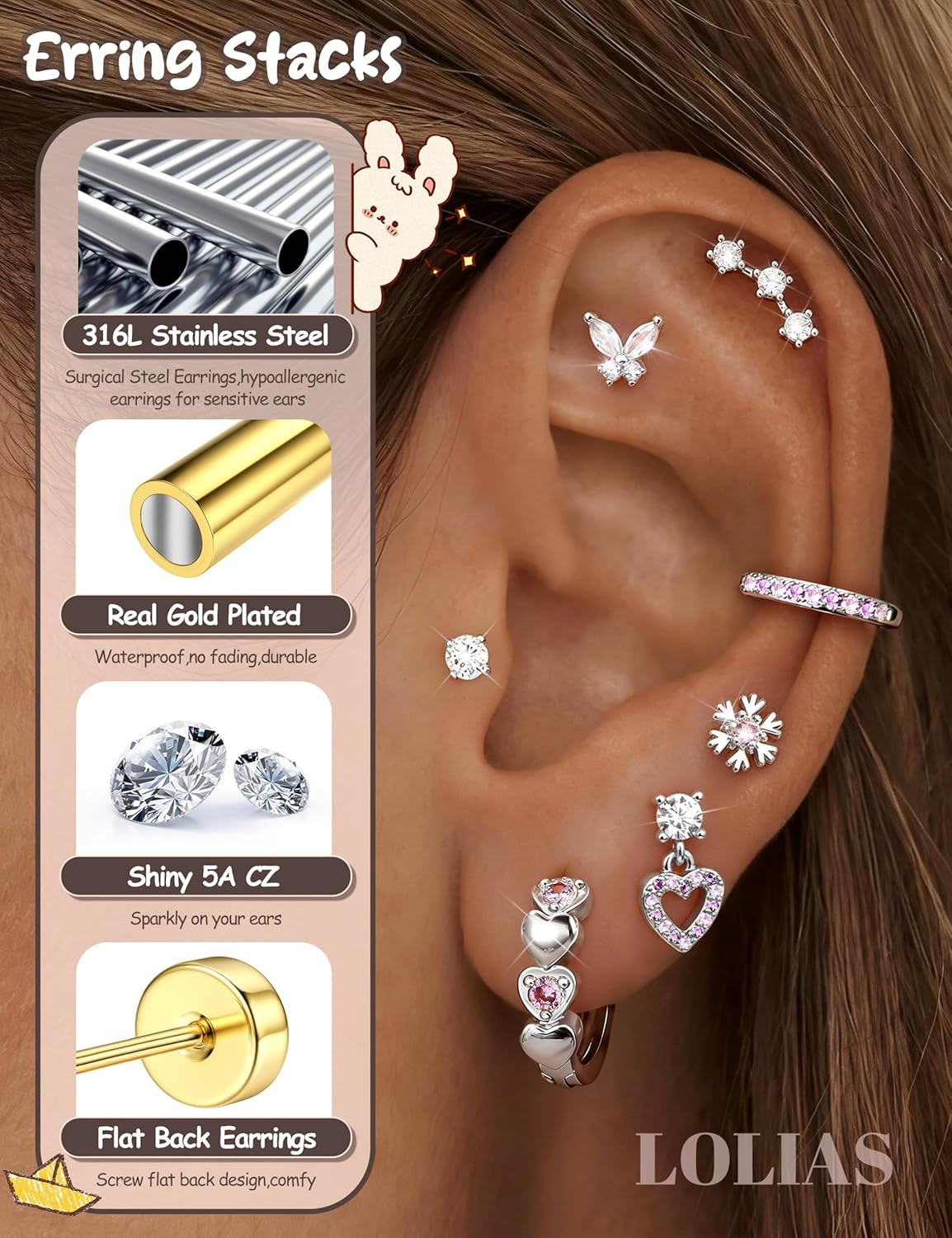 Hypoallergenic Flat Back Earrings for Women Girls-Surgical Stainless Steel Earri